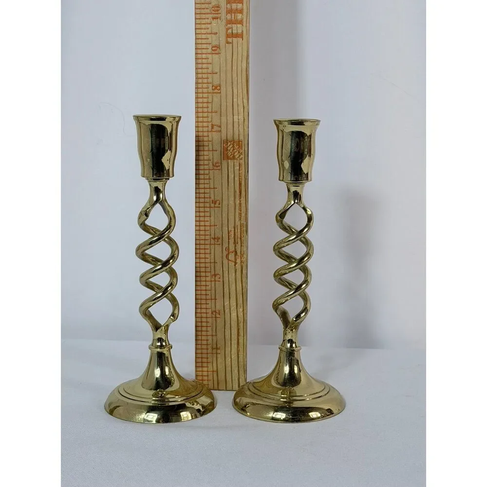 Brass Barley Double Open Twist Candlestick Set of 2 Vintage 7